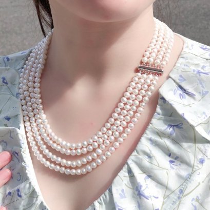 Approx. 5.5 - 6.0 mm, Freshwater Pearl, Four Strands Uniform Pearl Princess Length Necklace