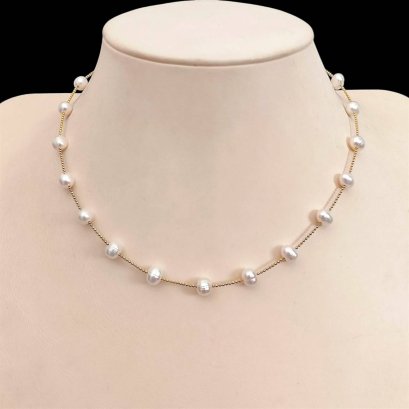 Approx. 6.0 - 6.5 mm, Freshwater Pearl, Station Pearl Bead Chain Necklace