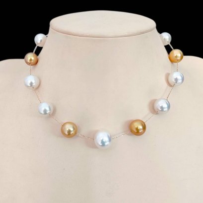 11.0 - 13.6 mm, Gold and White South Sea Pearl, Station Pearl Necklace
