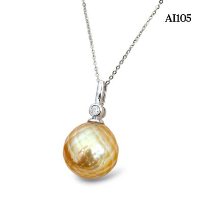 12.3 mm, Hanashinju Pearl, Gold South Sea Pearl, Diamond Dot Pearl Pendant with Cable Chain Necklace