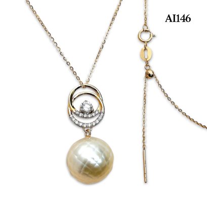 14.6 mm, Hanashinju Pearl, Double Circle Diamond Dangle Pearl Pendant with Cable Chain Necklace