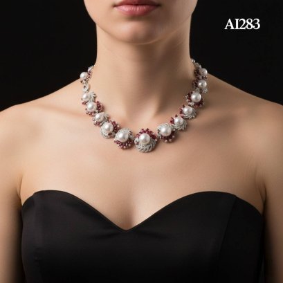 9.0 - 12.4 mm, White South Sea Pearl, Garnet Peacock Plume Pearl Necklace