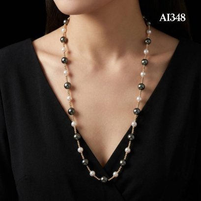 Approx. 8.0 mm to 10.0 - 11.0 mm, Akoya & Tahitian Pearl, Station Alternating Sizes Pearl & Gooseberry Bead Necklace