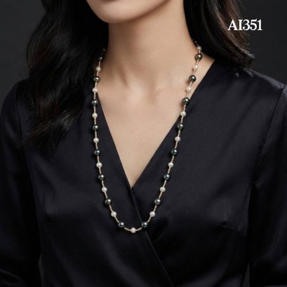 Approx. 8.0 mm to 10.0 - 12.0 mm, Akoya & Tahitian Pearl, Station Alternating Sizes Pearl & Gooseberry Bead Necklace