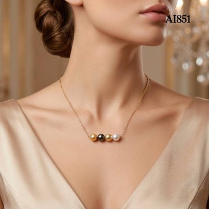 Approx. 8.7 - 9.2 mm, Tahitian and White&Gold South Sea Pearl, Four Pearls Row Necklace