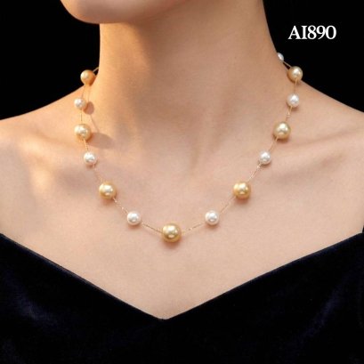 Approx. 9.0 mm to 12.0 - 13.0 mm, White & Gold South Sea Pearl, Station Alternating Sizes Pearl Necklace