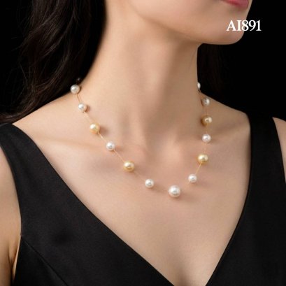 Approx. 9.0 mm to 10.0 - 13.0 mm, White & Gold South Sea Pearl, Station Alternating Sizes Pearl Necklace