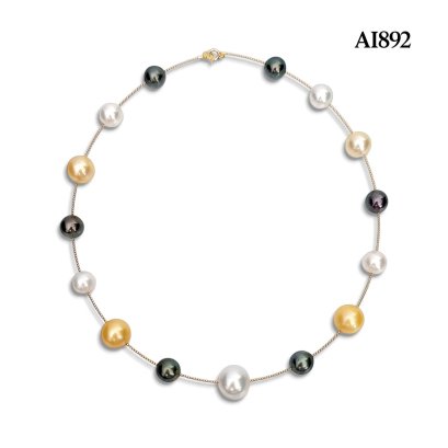 Approx. 9.0 mm to 12.0 mm, Black & White & Gold South Sea Pearl, Station Alternating Sizes Pearl Chocker
