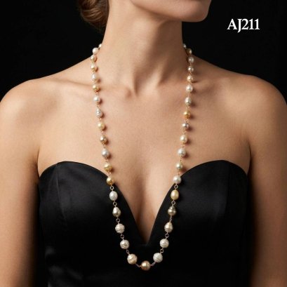 Approx. 6.4-13.0 mm, Gold South Sea Pearl, Station Pearl & Ring Matinee Length Necklace