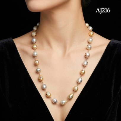 Approx. 12.3-13.4 mm, Gems in a Pearl, Gold South Sea Pearl, Station Pearl & Ring Opera Length Necklace