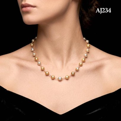 Approx. 7.0 - 9.0 mm, Gold South Sea Pearl, Station Pearl & Ring Necklace