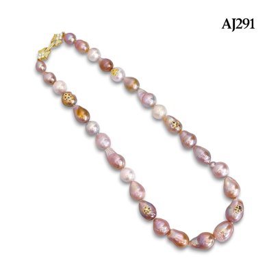9.2-13.2 mm, Freshwater Pearl, Graduated Pearl with Flower Plate Necklace