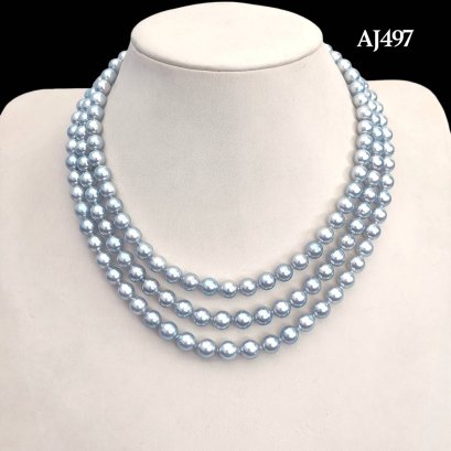 Approx. 7.0 - 8.5 mm, Akoya Blue Rose Pearl, Triple Strand Pearl Necklace