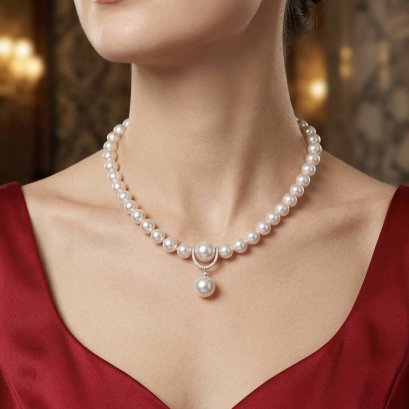 Approx. 9.5 - 10.0 mm and 13.7 - 14.8 mm, Akoya and White South Sea Pearl, Uniform Pearl Japanese Traditional Style Necklace with Horseshoe Dangle Pearl Pendant