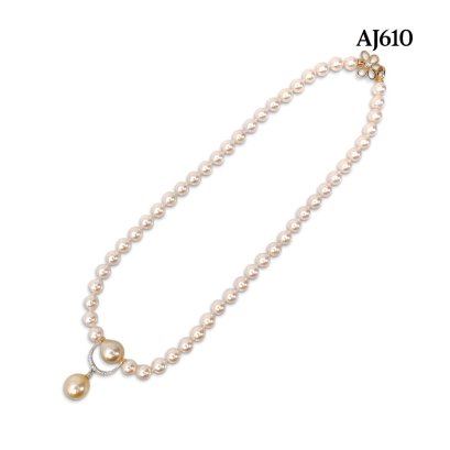 Approx. 7.5 - 8.0 mm and 11.0 - 13.0 mm, Akoya and White South Sea Pearl, Uniform Pearl Japanese Traditional Style Necklace with Horseshoe Dangle Pearl Pendant