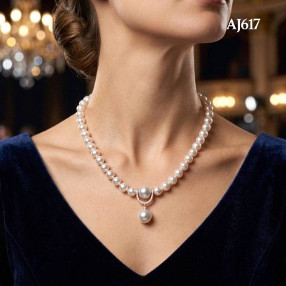 Approx. 8.5 - 9.0 mm and 13.0 - 14.0 mm, Akoya and White South Sea Pearl, Uniform Pearl Japanese Traditional Style Necklace with Horseshoe Dangle Pearl Pendant