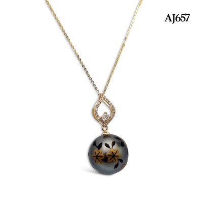 14.3 mm, Maki-e Pearl, Tahitian Pearl, Lotus Diamond Paved Dangle Pearl Pendant with Cable Chain Necklace