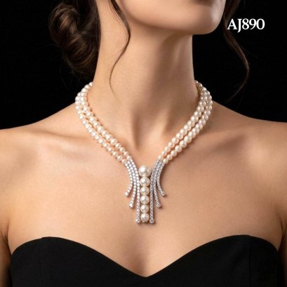 Approx. 8.0 mm, Freshwater Pearl, Double Strands Pearl Icicles CZ Embellishment Necklace