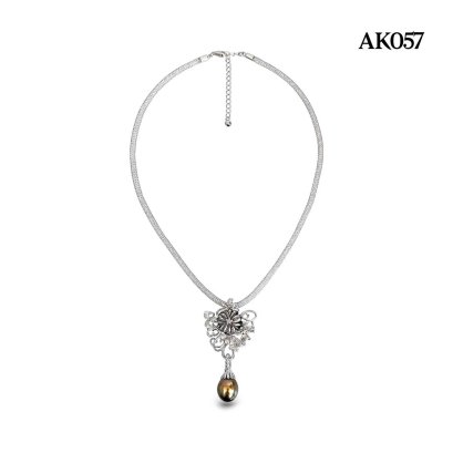 12.1 mm, Tahitian Pearl, Flower Wreath with Hinge Clasp Pearl Pendant with CZ Necklace