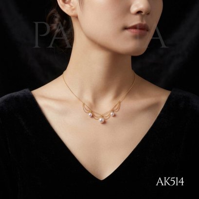 Approx. 6.0 - 8.0 mm, Hanamomo, Akoya Pearl, Festoon Triple Pearl Necklace