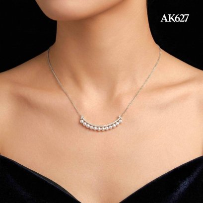 Approx. 4.0 mm, Akoya Pearl, Bent Bar CZ Pearl Row Embellishment Cable Chain Necklace
