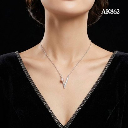 Approx. 5.0 mm up, Hanamomo, Akoya Pearl, V CZ Paved Pearl with Chain Necklace