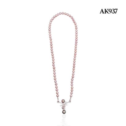 Approx. N: 6.0 mm up, Embellishment: 4.0-8.0 mm, Edison and Pearl Candy, Freshwater Pearl, Uniform Pearl Necklace with Cross Pearl Embellishment Hinge Clasp
