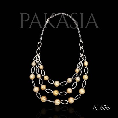 8.1 - 11.7 mm, Gold South Sea Pearl, Triple Layers Station Pearl Link Chain Necklace