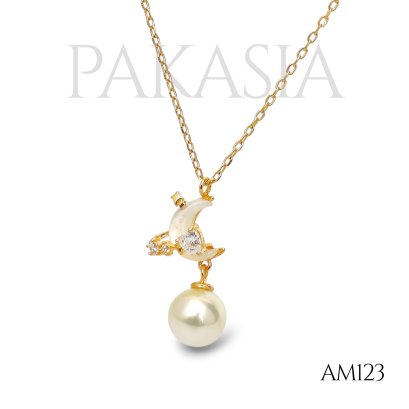 Approx. 7.5 mm, Moonlight, Akoya Pearl, Crescent Moon Dangle Pearl with Chain Necklace
