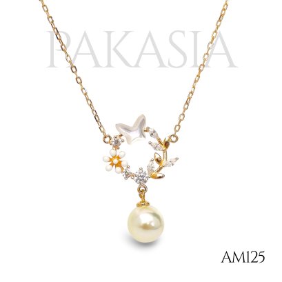 Approx. 7.0 mm, Moonlight, Akoya Pearl, Wreath Butterfly Dangle Pearl Pendant with Cable Chain Necklace