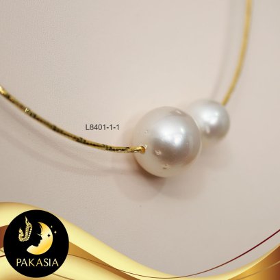 สร้อยคอมุกทวิน มุกสีขาว ทรงกลม ขนาด 9-14 mm เกรด A สร้อยโชคเกอร์ หัวเข็ม เงินแท้ชุบทอง / SN0400ZYN666