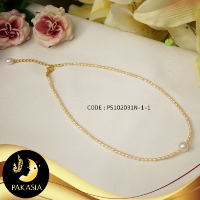 สร้อยคอมุกข้าวสารล้วนสีพีช คั่นมุกกลางสีขาว มุกน้ำจืดคัดเกรด ตะขอก้ามปูเงินแท้ 92.5 ชุบทอง ปลายสร้อยห้อยมุกหยดน้ำ / N715