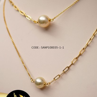 สร้อยคอโซ่ 2 style มุก South Sea เม็ดเดี่ยว สีทองแชมเปญ ทรงกลม เกรด AA ตัวเรือนเงินแท้ 92.5 ชุบทอง ตะขอสปริงกลม ปรับรูดได้  SN0550YN681