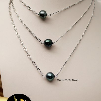 สร้อยคอโซ่ 2 style มุก ตาฮิติ เม็ดเดี่ยว สีดำ ทรงกลม เกรด AA+ ตัวเรือนเงินแท้ 92.5 ชุบทองคำขาว ตะขอสปริงกลม ปรับรูดได้  / N682