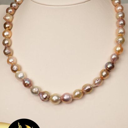 สร้อยคอมุกล้วน สร้อยปรับรูดได้ มุกบาร็อค สีมัลติคัลเลอร์ ขนาด 10-11 mm. เกรด AA  ตัวเรือนเงินแท้ 92.5 ชุบพิ้งค์โกลด์ /SN0100ZN625