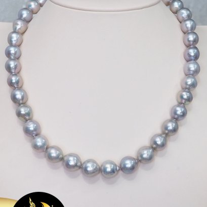 สร้อยคอมุกล้วน ปรับรูดได้  มุกบาร็อค สีเทา ขนาด 10-11 mm. เกรด AA+ ตะขอเงินแท้ชุบทองคำขาว / SN0450ZN621