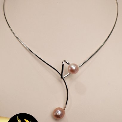 สร้อยโช๊คเกอร์มุกคู่ มุกบาร็อค สีโอลด์โรส ตัวเรือนเงิน 92.5 ชุบทองคำขาว ขนาด 10-12 mm เกรด AA+ / SN0340YN545