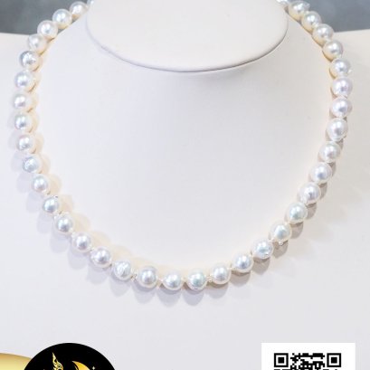 สร้อยคอไข่มุก Akoya style uniform necklace ความยาวประมาณ 17 นิ้ว ไข่มุก Akoya น้ำเค็มคัดเกรด จากประเทศญี่ปุ่น สีขาว ทรงบารอก ขนาด 9 mm เกรด AA (PGS) ตัวเรือนตะขอดอกทิวลิป เงินแท้ 92.5 ชุบทองคำขาวประดับเพชร CZ ร้อยผูกปมทุกเม็ดด้วยไหมอย่างดีนำเข้าจากประเทศญ