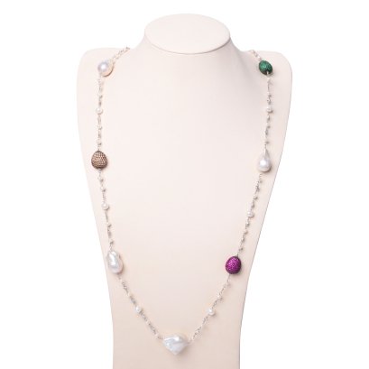 สร้อยคอไข่มุกระยะ คั่นเพชร และบีด Fancy ยาว 40.0"