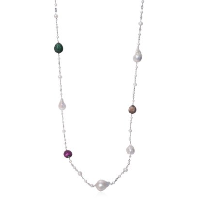 สร้อยคอไข่มุกระยะ คั่นเพชร และบีด Fancy ยาว 40.0"