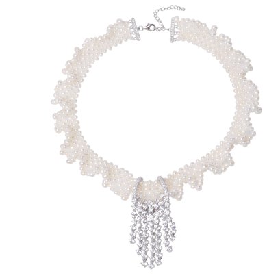 สร้อยคอ Collar ไข่มุก พร้อมจี้งับเกือกม้าพวงเพชรระย้า