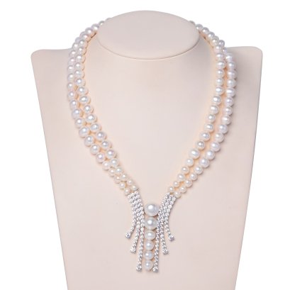 สร้อยคอไข่มุก Freshwater  ล้วนแบบไล่ระดับ 2 สายจี้หยาดเพชร