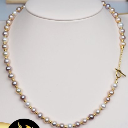 สร้อยคอมุกแท้มัลติคัลเลอร์ คั่นบอลและตะขอทองแท้ 18K แบบ OT  / SN2800ZN629