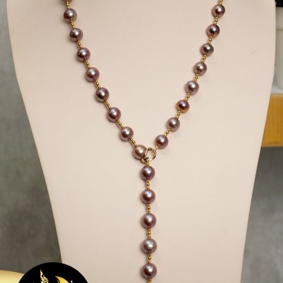 สร้อยคอมุกล้วนคั่นบอลทอง3เม็ด [ทองแท้18K+ตะขอทองแท้14K 1.3g] มุกแท้น้ำจืดยูนิโอ้ (กลม)ม่วง AA+ ขนาด 10mm. / SN5850ZN630