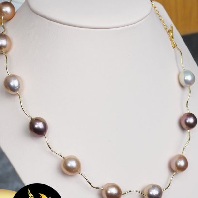 สร้อยคอมุกแท้คั่นปล้องเกลียวทองแท้ 18K มุกบาร็อค สีมัลติคัลเลอร์ ขนาด 10-11.5 mm.เกรด AA+ ตะขอ OT ทองแท้18k / SN4300ZN631