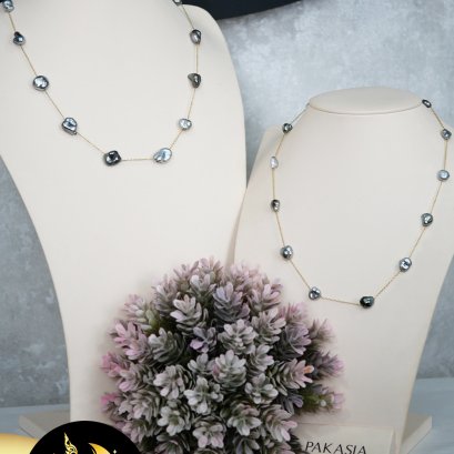 สร้อยคอไข่มุกเคชิระยะ Station Necklace ความยาวประมาณ 18 นิ้ว ไข่มุกตาฮิติคัดเกรด สีดำ-เทา ทรงเคชิ ขนาด 7-10 mm เกรด AA+ ตัวเรือนสร้อยโซ่ ตะขอก้ามปู เงินแท้ 92.5 ชุบทอง / 6.6.64