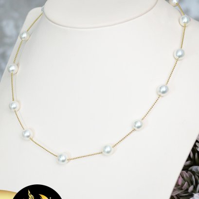 สร้อยคอไข่มุก Akoya ระยะ สร้อยลายไข่ปลาปลายสร้อยปรับระดับได้ห้อยไข่มุก ความยาวประมาณ 18.5" ไข่มุก Akoya สีขาว ทรงเกือบกลม ขนาด 7.5 mm เกรด AA+ ตัวเรือนสร้อยลายไข่ปลา ตะขอก้ามปู Gold Filled 14K / 26.5.64