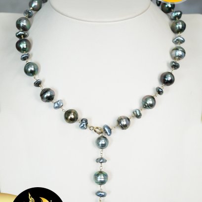 สร้อยคอไข่มุกตาฮิติระยะ คั่นไข่มุกเคชิ ตะขอสปริงกลม Gold Filled 14K ความยาวประมาณ 19" ไข่มุกตาฮิติน้ำเค็มคัดเกรด สีดำ ทรงบารอก-เคชิ ขนาด 8-12 mm เกรด AA+ ตัวเรือนตะขอและอะไหล่ Gold Filled 14K / 25.5.64