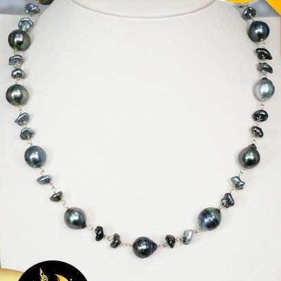 สร้อยคอไข่มุกระยะ คั่นไข่มุกเคชิ Twin ตะขอสปริงกลม Gold Filled 14K พร้อมสร้อยปรับระดับปลายสร้อยห้อยไข่มุกเคชิ ความยาวประมาณ 19" ไข่มุกตาฮิติน้ำเค็มคัดเกรด สีดำ ทรงบารอก-เคชิ ขนาด 8-12 mm เกรด AA+ ตัวเรือนตะขอ สร้อยปรับระดับและอะไหล่ Gold Filled 14K /