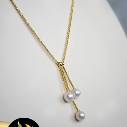 สร้อยคอไข่มุก Edison ระย้า Triple Pearl (ความยาวสร้อยประมาณ 18" รวมตะขอ) ไข่มุกน้ำจืดคัดเกรด สีขาว ทรงกลม ขนาด 7.5-8 mm เกรด AA+ สร้อยกลมลายตาข่าย ตะขอสปริงกลม เงินแท้ 92.5 ชุบทอง / 6.6.64